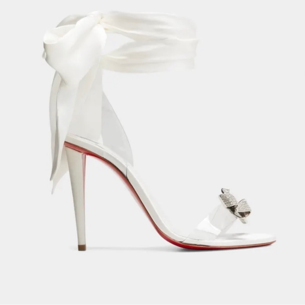 New! Authentic 37.5 Christian Louboutin Crystal Bow,Silk-Tie,PVC,&Red!*4” heel! - Picture 1 of 5